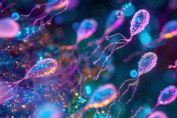 Naklejka premium Colorful microscope shot of spermatogenesis stages, cellular details, scientific accuracy