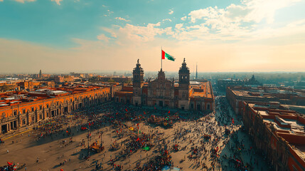 aerial view of mexico city cathedral and zocalo square with crowd