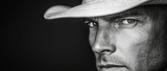  A monochrome image of a man donning a cowboy hat