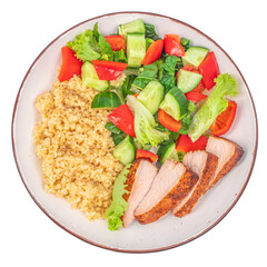 Baked turkey fillet with bulgur and fresh salad isolated on white background, healthy food