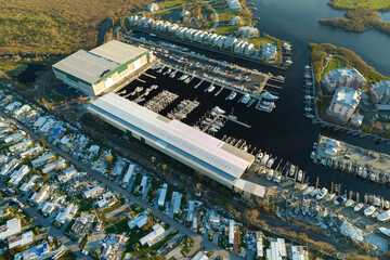 Obraz premium Boat station destroyed by hurricane wind in Florida coastal area. Consequences of natural disaster