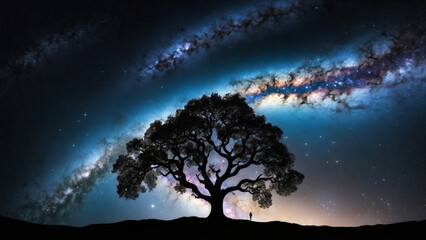 negative photograph of the shadows of a colossal tree silhouette, swirling nebula leaves, negative space, photorealistic Milky Way, stars,  natures beauty, celestial wallpaper, universe background