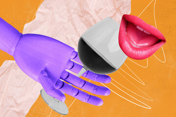 Collage image picture of wooden arm hold wine glass tasty drink isolated on creative drawing...