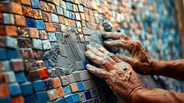 A closeup of a workers hands carefully arranging small mosaic tiles onto a bathroom wall creating a stunning focal point.