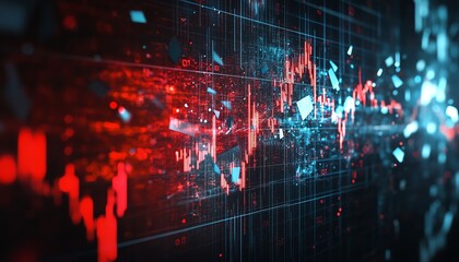 Obraz premium A dynamic abstract representation of financial data visualizations featuring red and blue tones amidst a digital backdrop.
