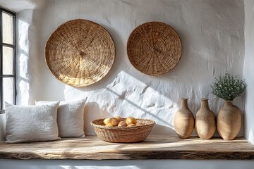Rustic minimalist living room with natural wood, pottery, and cozy neutral textures