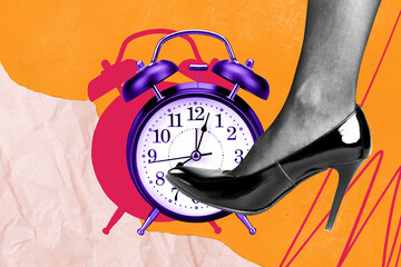 Collage image picture of business woman going high heels shoes alarm clock isolated on creative...