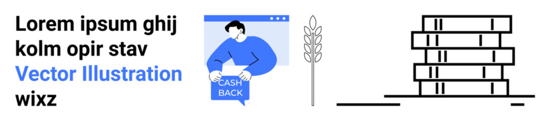 Character holding cash back sign, abstract text, software window, wheat stalk, and product boxes. Ideal for e-commerce, financial services, web design, SEO, product marketing, software demos, tech
