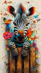 Fototapeta premium Zebra peeking through fence with colorful flowers and birds on white background