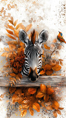 Fototapeta premium A zebra peeks out from behind a leafy branch as a bird perches atop