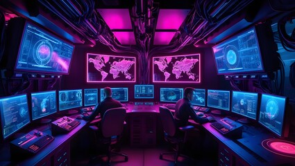 High-Tech Cyber Command Center with Multiple Screens Analyzing Global Security Data and Monitoring Threats
