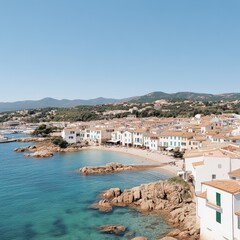 Picturesque coastal town with whitewashed buildings, a sandy beach, and turquoise water under a bright blue sky.