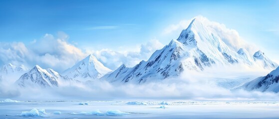 Obraz premium A snowy mountain range painted with icebergs in the foreground