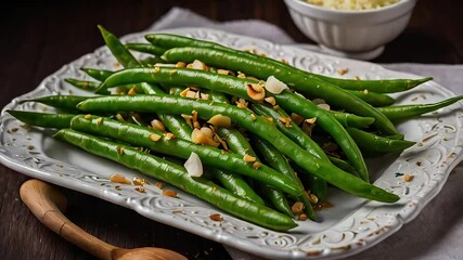 oriental buttery garlic green beans on a plate