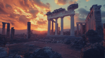Fototapeta premium Sunset Ruins: Ancient Greek Temple at Golden Hour