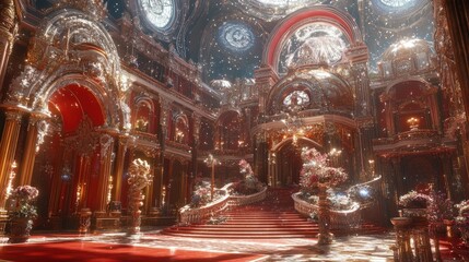 Obraz premium Ornate grand hall with a sweeping staircase, golden accents, and a large window at the top.