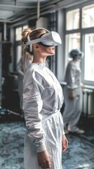 A surgeon utilizes virtual reality glasses to conduct a simulated medical operation inside a modern healthcare facility