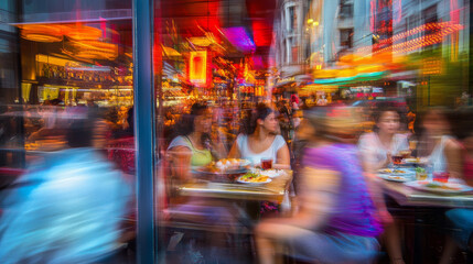 Obraz premium Vibrant City Bistro: Nightlife, Street Food, Motion Blur, Candid Photography, International Cuisine