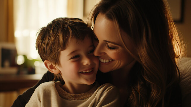 Uśmiechnięta matka i jej syn spędzają razem czas w przytulnym pokoju, a ich wsp&oacute;lny moment jest pełen ciepła i radości. 
