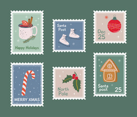Set of cute Christmas postage stamps. Vintage xmas posters. Winter holidays prints for cards and textile. Hand drawn flat design vector illustration.
