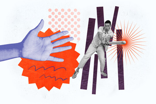 Composite trend artwork sketch image photo collage of illustration dot backdrop sketch caricature young guy hold baseball bat hand gesture
