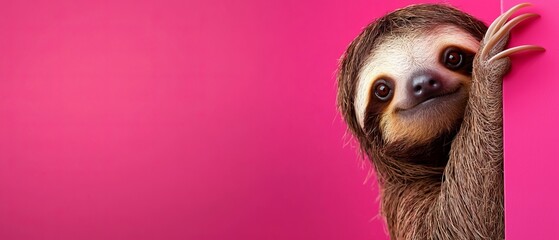  A sloth emerges from behind a pink wall