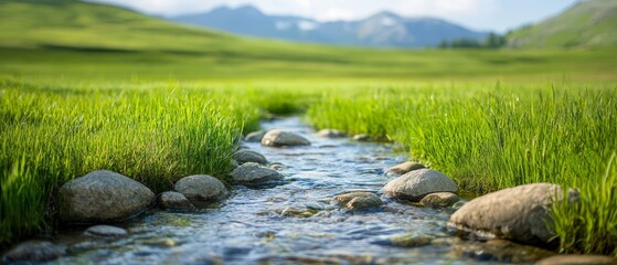  A winding stream meanders through a verdant field, dotted with stones
