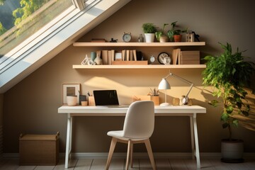 A cozy workspace with a desk, chair, and plants, illuminated by natural light.