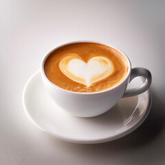 Hot latte coffee in clean white ceramic cup on table on light background. Heart pattern latte art