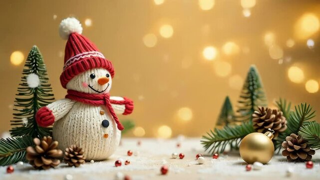 Christmas card made of fir trees, Christmas balls, knitted snowman on a golden background. Sparkling bokeh. Free space for text