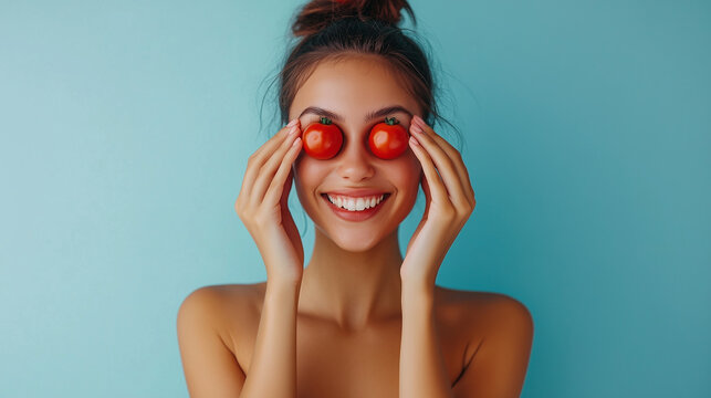 Uśmiechnięta modelka trzyma w dłoniach soczyste, czerwone pomidory, zasłaniając nimi swoje oczy. 