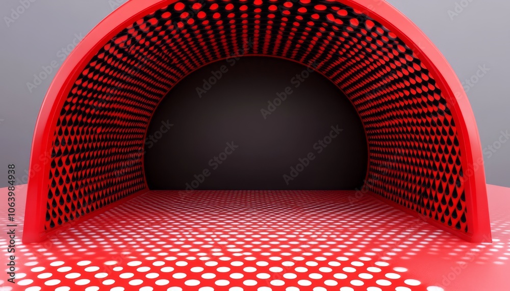 Poster Red and white polka dot tunnel with a black background.