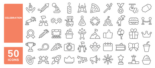 Set of 50 line icons related to celebration, fun, party, happy, present, ribbon, festive, gift, Editable stroke. Vector illustration