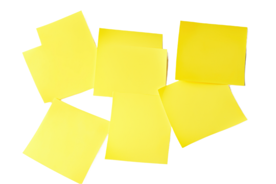 Collection of six yellow sticky notes in square formation. Notes slightly overlap, creating depth, dimension. alpha background contrasts with vibrant yellow, making stand out. Yellow post-it notes on