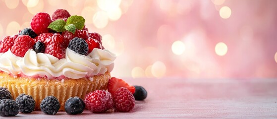  A table holds a single cupcake topped with whipped cream and berries