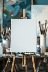 Blank canvas for painting with colorful paints in background generated.AI