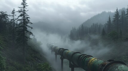 Captivating Misty Landscape with Oil Pipeline