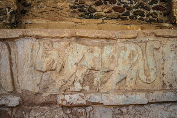 Pre-Hispanic stone engravings with animal figures in the archaeological zone of the pyramids of the Atlanteans, in Tula Hidalgo