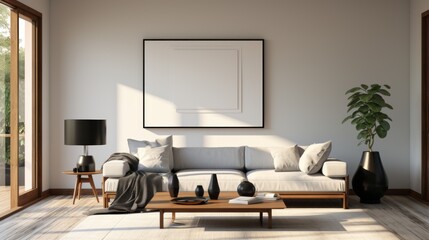 A modern living room with a sofa, coffee table, and decorative plants.