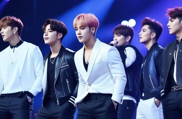 K pop concert. Korean male music group. Korean singers perform on stage in the genre of K-pop. Blurred background. Korean Popular Wave. Asian music is conquering the world