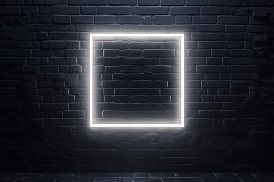black brick wall with glowing white neon square light	