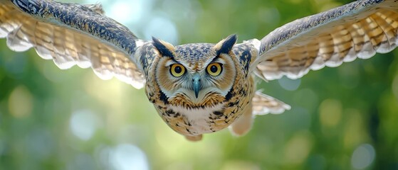Obraz premium A large owl flies through the air, spreading its wings
