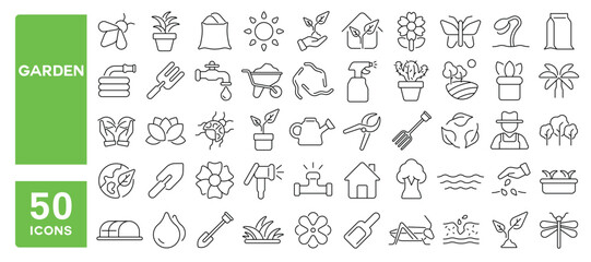 Set of 50 line icons related to garden, gardening, watering, plant, flowers, grass, trees, trowel, shrub, Editable stroke. Vector illustration