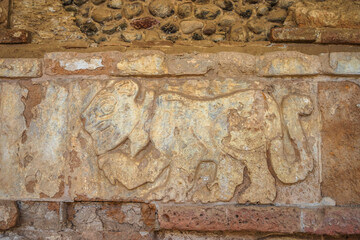 Pre-Hispanic stone engravings with animal figures in the archaeological zone of the pyramids of the Atlanteans, in Tula Hidalgo