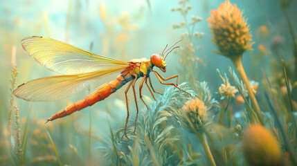 Vibrant Dragonfly in Summer Meadow: Artistic 3D Rendering