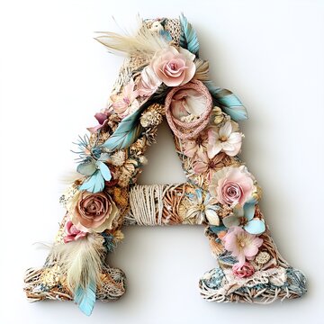 A decorative letter "A" crafted from natural materials and adorned with an array of soft, pastel flowers, including pink roses and delicate blue petals. The letter features a textured appearance, inco