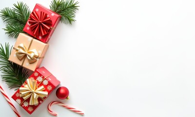 Flat lay of colorful Christmas gifts with festive decorations