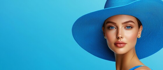  Woman in blue hat against blue background