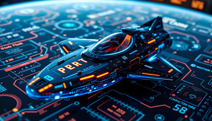 A stunning holographic display of a futuristic spacecraft showcases advanced technology and design, featuring sleek lines and digital interfaces, while vibrant visuals create an immersive experience