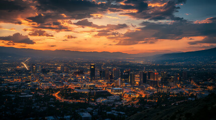 Fototapeta premium Sunset Cityscape: Urban Panorama, Golden Hour, Skyline, Night Lights, Mountain View